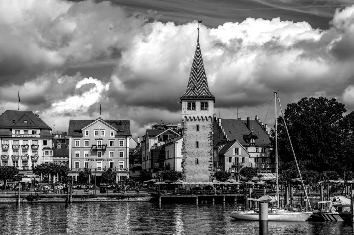 A close black-and-white view of Lindau Mangturm tower