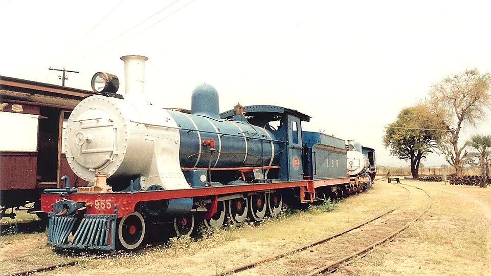 Historic steam locomotive number 955 in the Livingstone railway yard