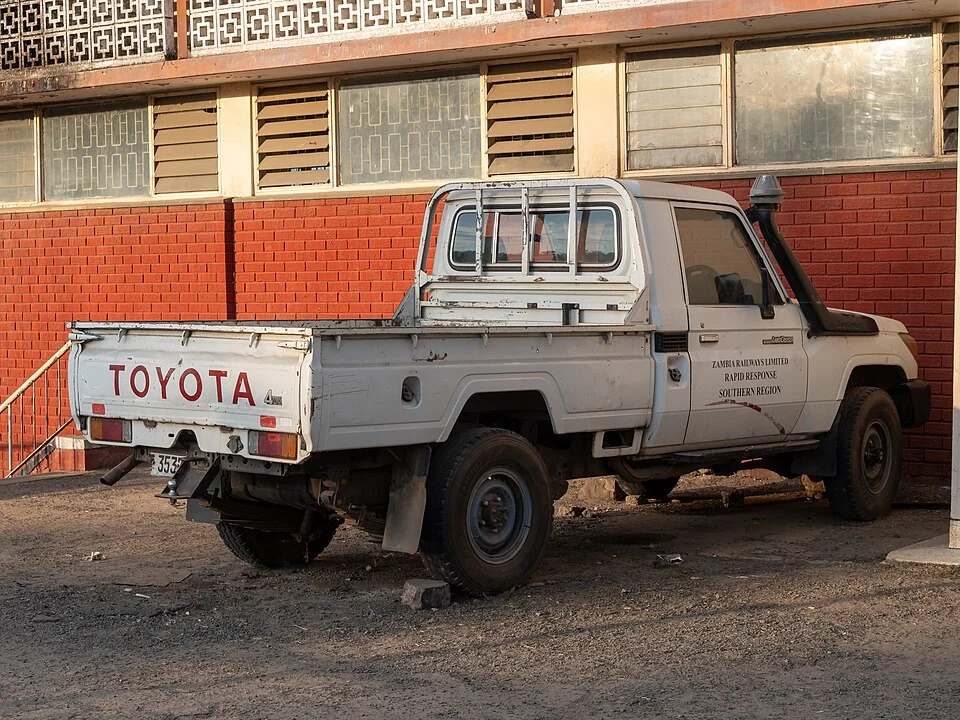A Zambia Railways service vehicle outside the Livingstone station building
