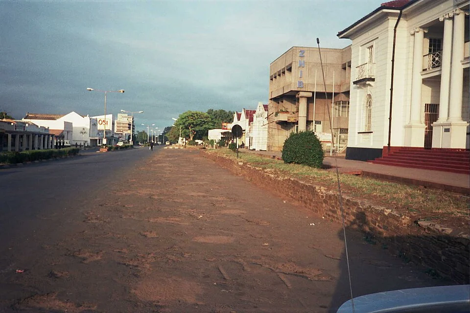 A historical view of Livingstone main street with its road, verge and buildings
