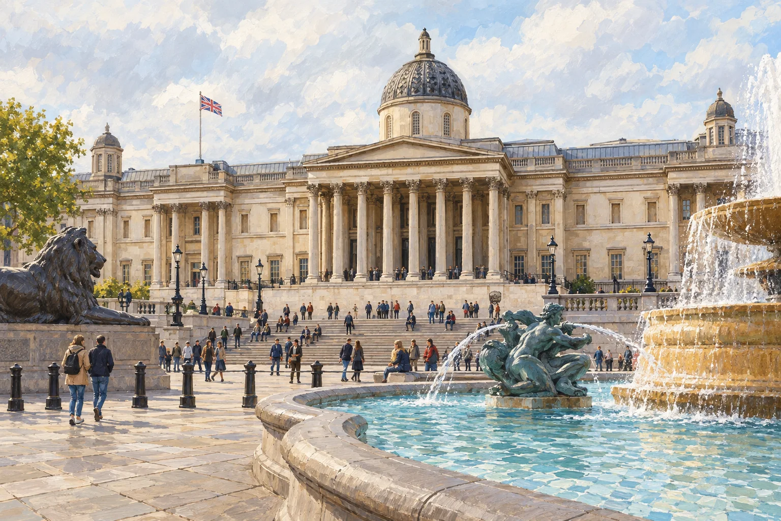 London illustration inspired by Trafalgar Square and the National Gallery façade.