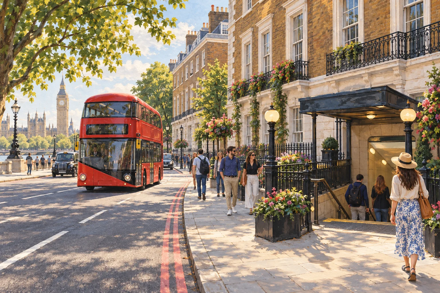 Illustration representing London city transport, with a red double-decker bus and streetscape.