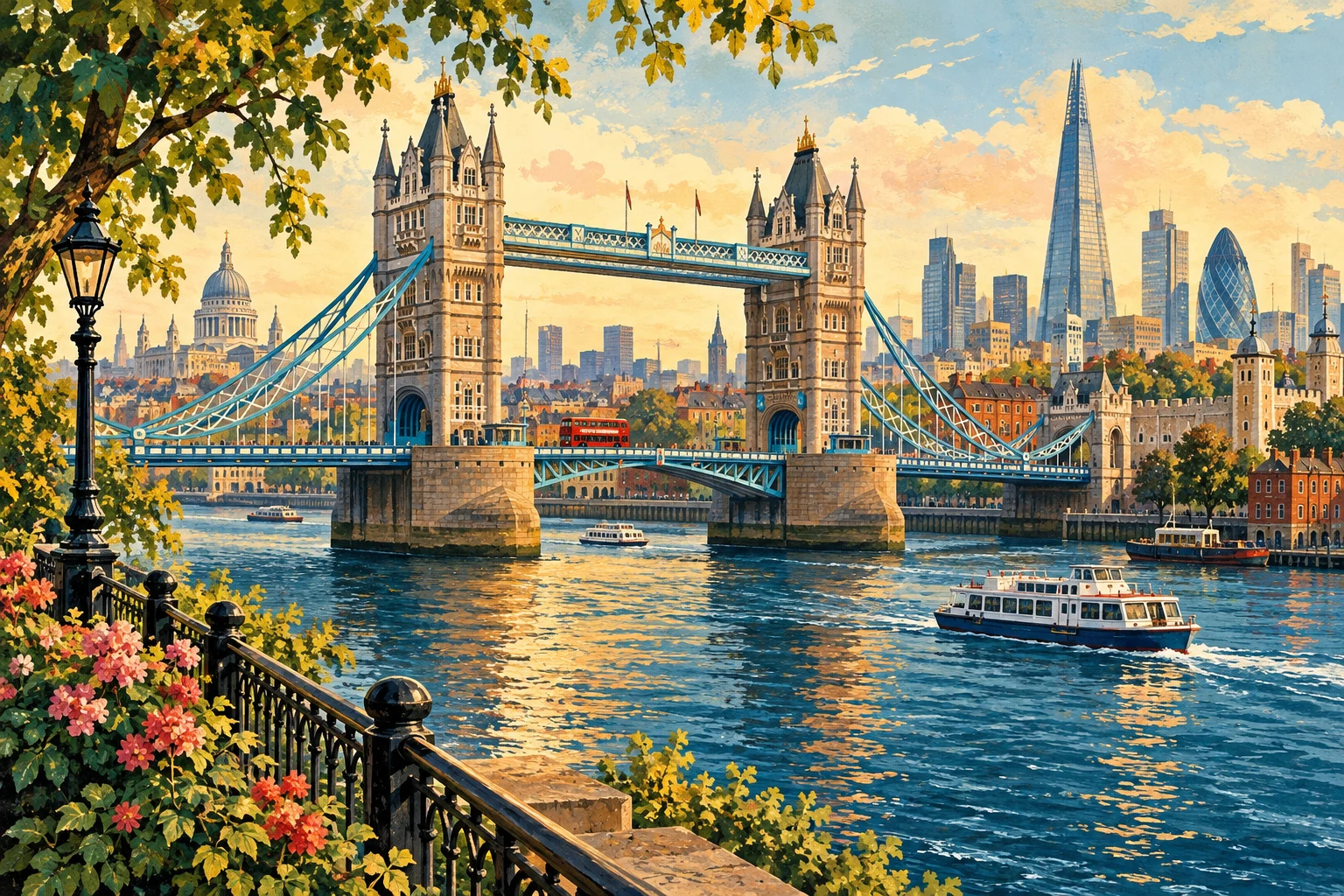 London-inspired illustration of Tower Bridge, river boats and a warmly coloured skyline.