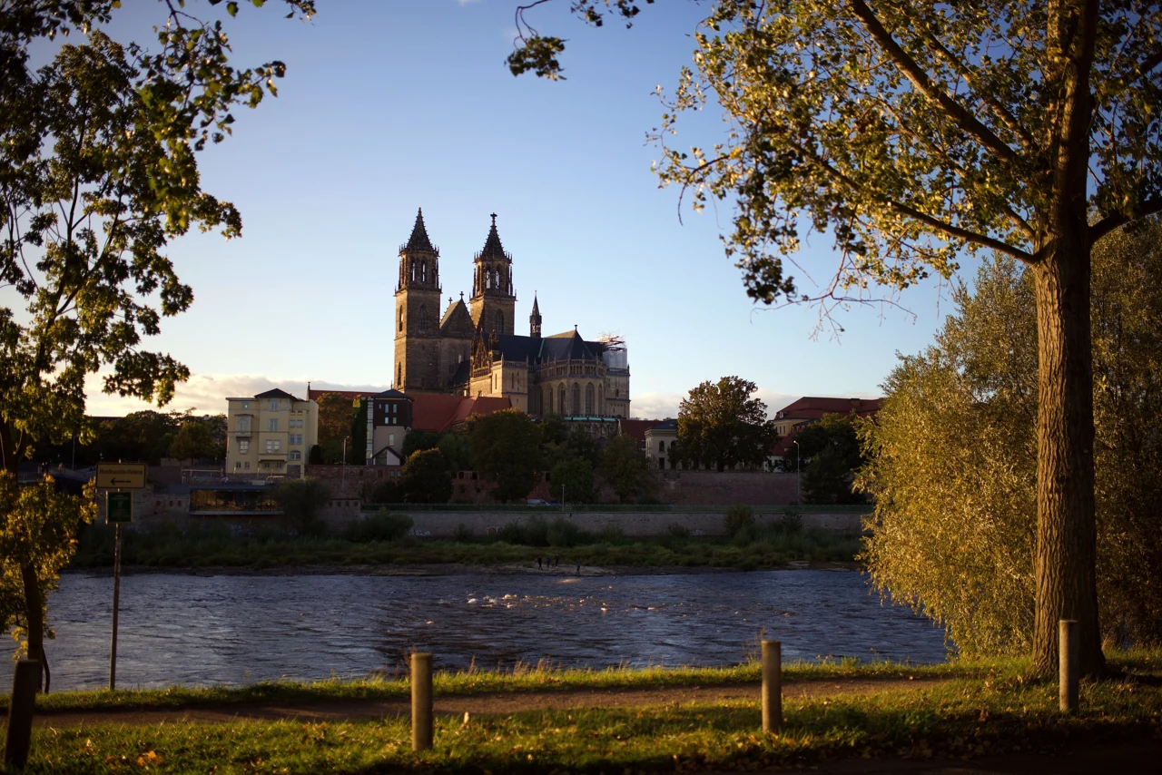 Sunset over the Elbe and cathedral in Magdeburg