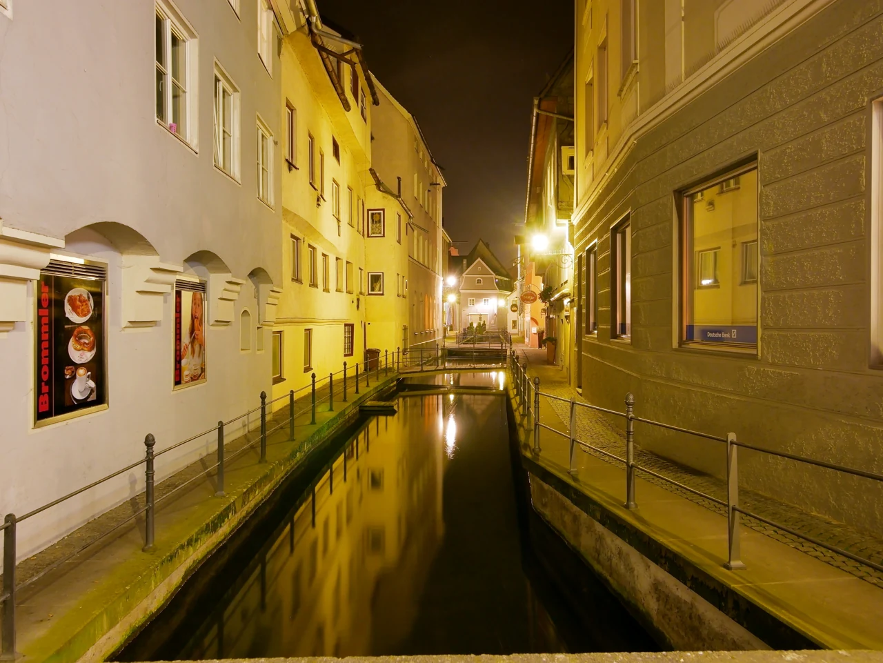 Memmingen’s Stadtbach towards Weinmarkt at night, 2016