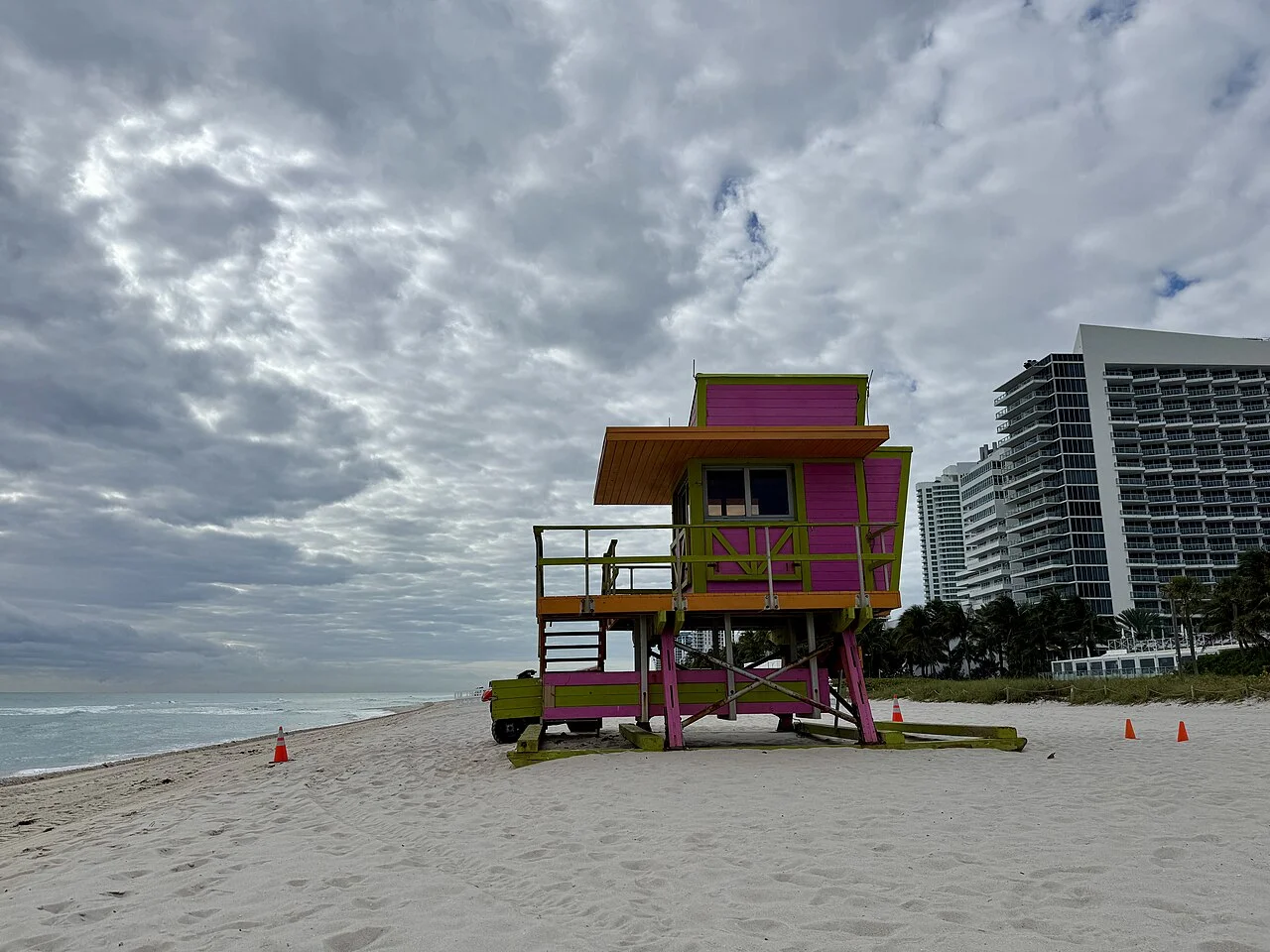 Lifeguard tower on the beach at Midbeach Park, Miami Beach, January 2026