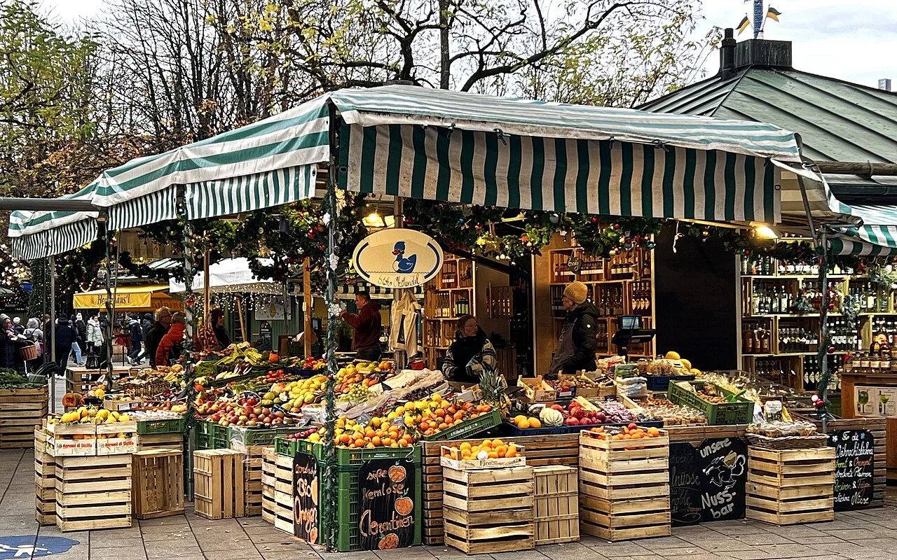 Fruit stall at Munich Viktualienmarkt, archival photograph from November 2023