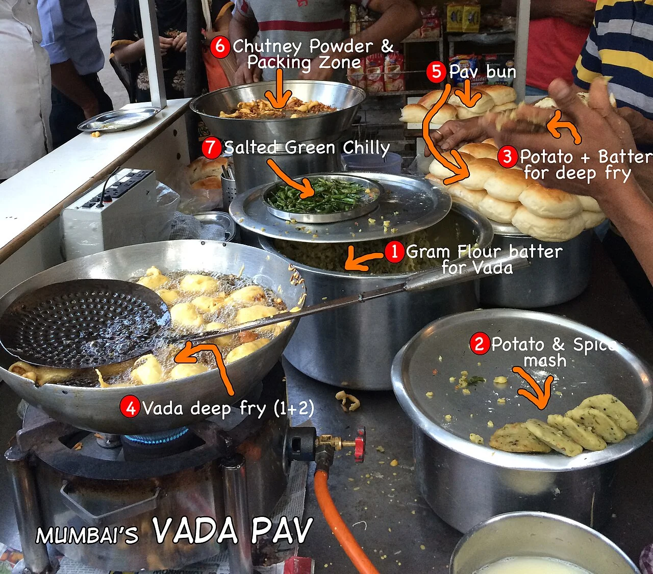 Mumbai vada pav hazırlığının gerçek fotoğrafı; Ask27, 3 Mart 2015. Güncel tezgâh hizmeti veya fiyatı gösterilmez.