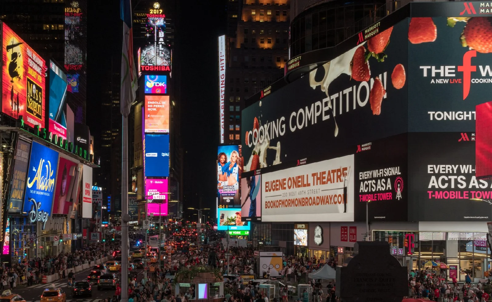 Night lights, large screens and street activity in Times Square, New York