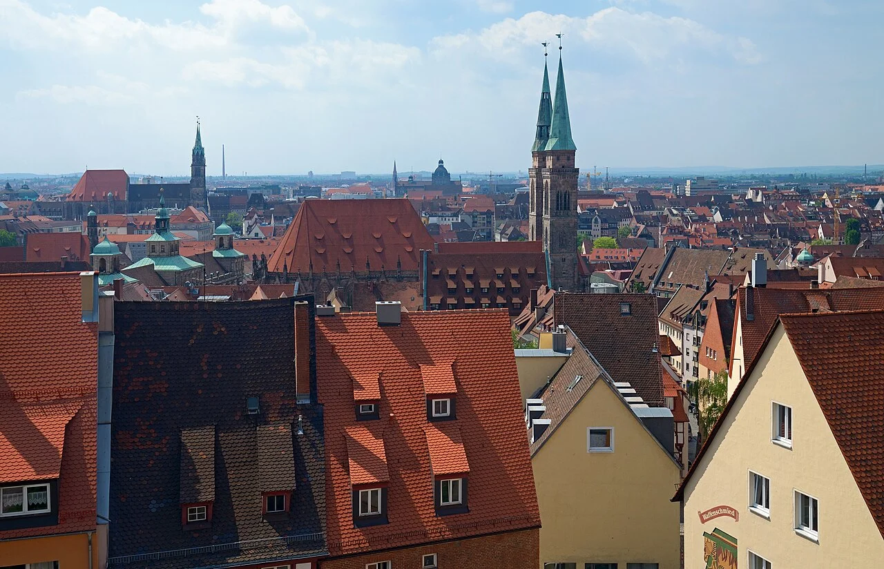 View across Nuremberg's Old Town rooftops from the Imperial Castle, photographed in May 2015