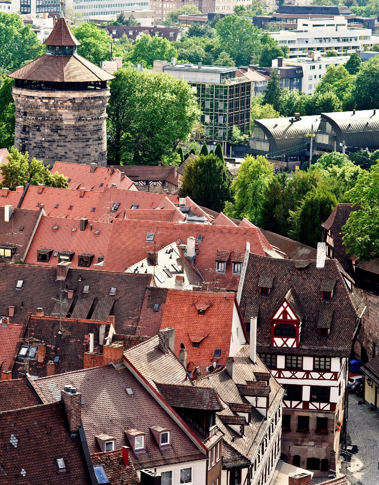 The steep-roofed historic facade of Albrecht Dürer's House in Nuremberg Old Town, photographed in November 2011