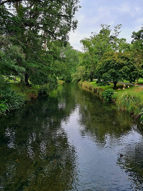 Downstream view from West Bridge in Christchurch Hagley Park, 2023
