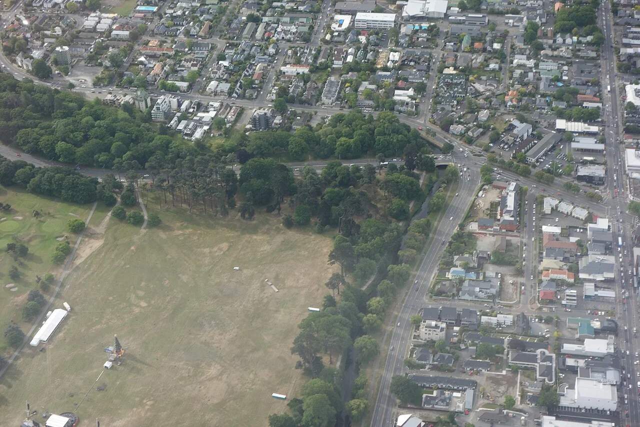 Broad aerial view of North Hagley Park, Christchurch, 2015