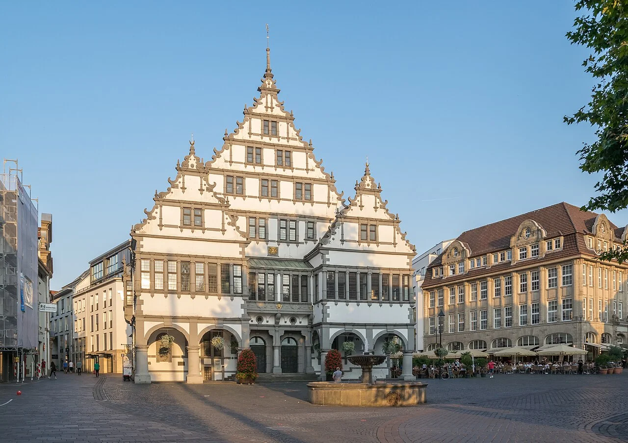 Decorated facade of Paderborn’s historic town hall and its square, photographed in September 2016.