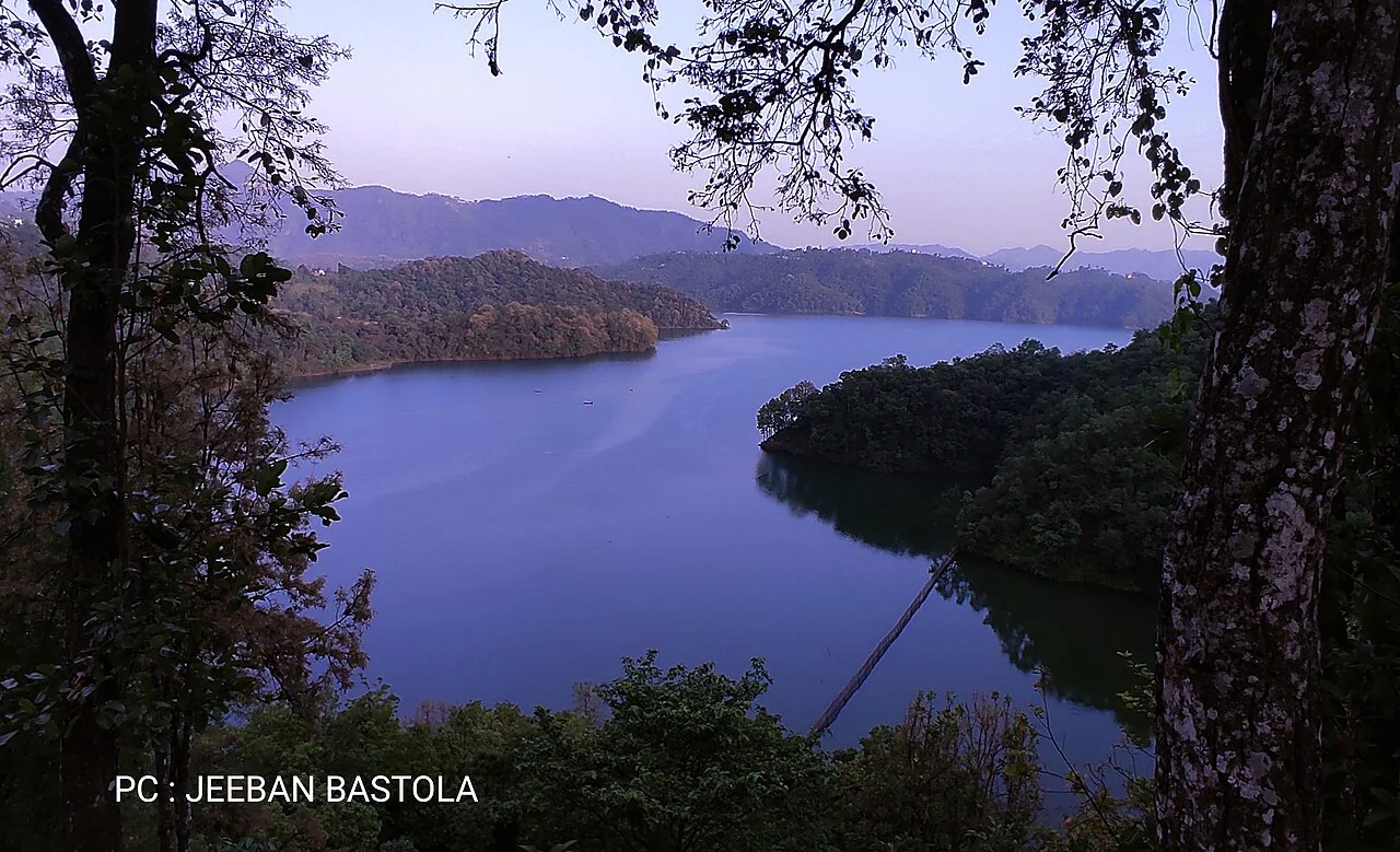 Begnas Lake seen between trees; Jeeban Bastola, 4 June 2023. The photographer’s embedded credit is retained.
