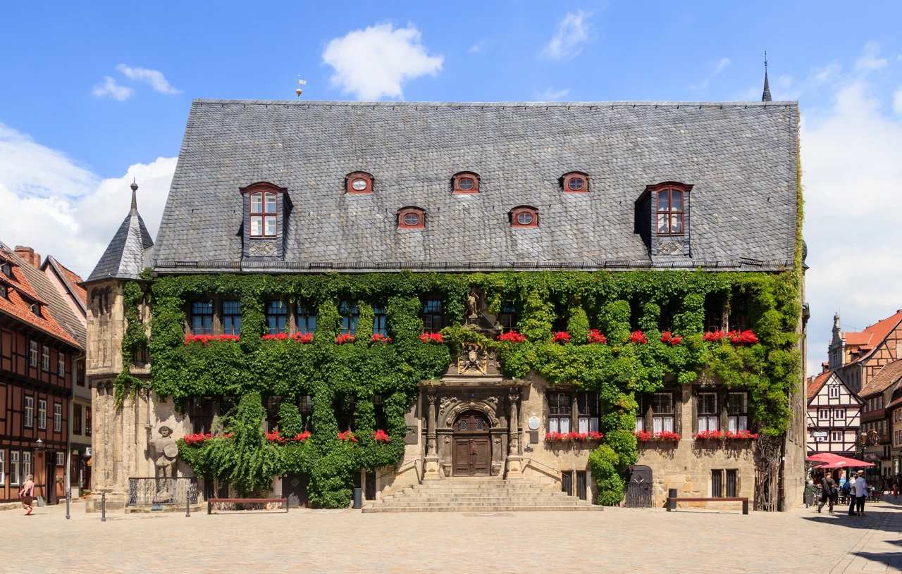 Quedlinburg Rathaus’un sarmaşıklı taş cephesi ve giriş merdivenleri