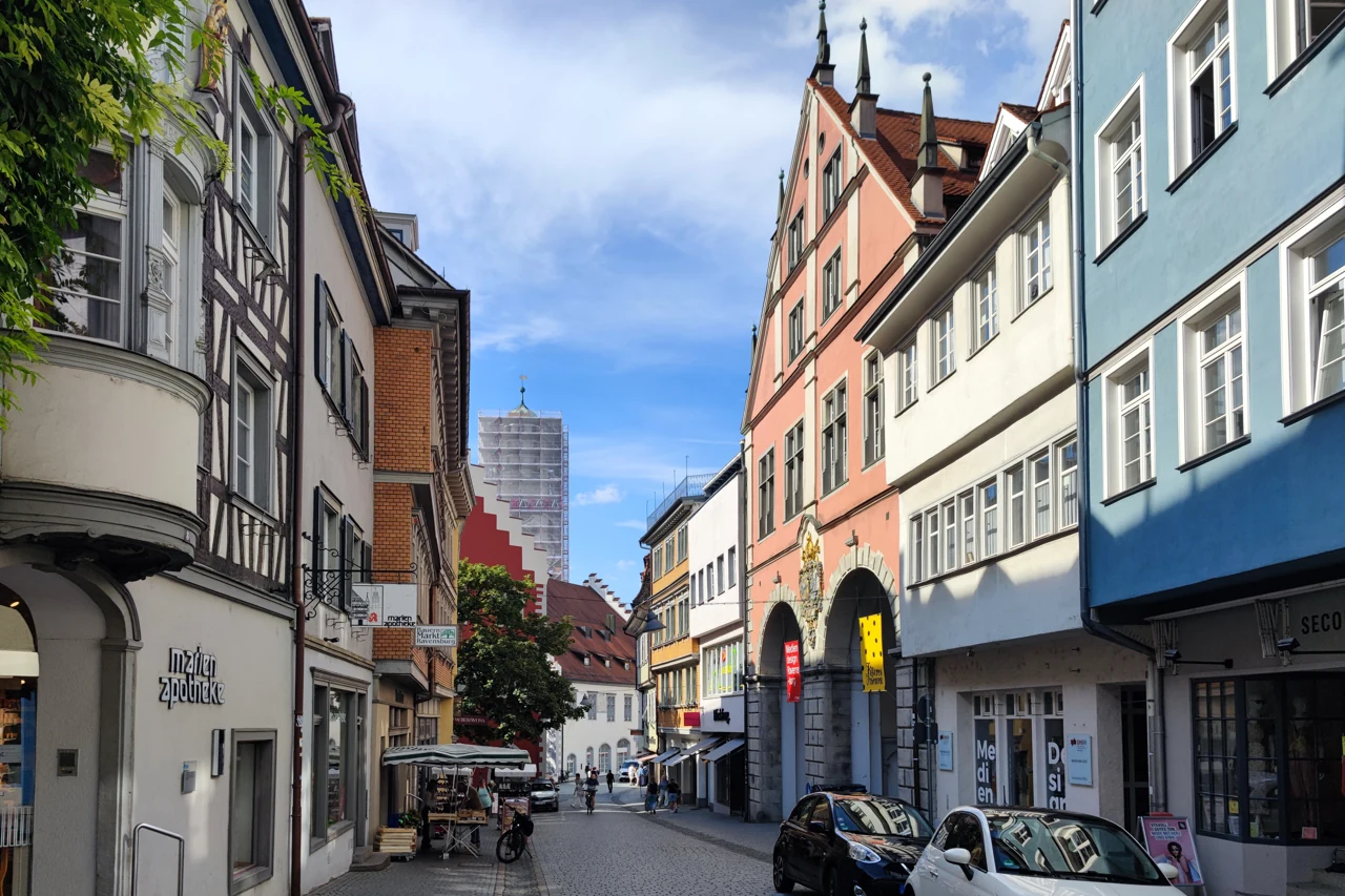 Colourful facades along Ravensburg Marktstraße in September 2026