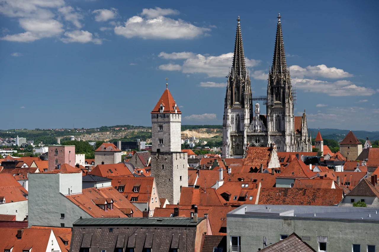 The two cathedral towers rising above Regensburg rooftops.