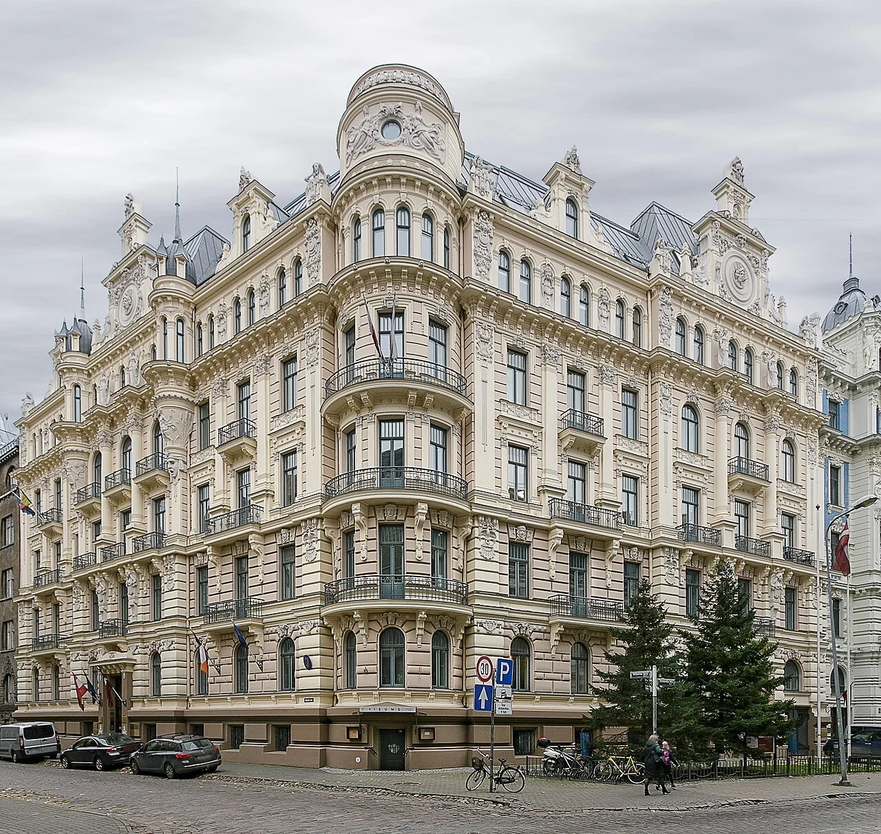 Historic Art Nouveau façade at Alberta iela 13 in Riga; 2 November 2020, not the museum building at number 12.