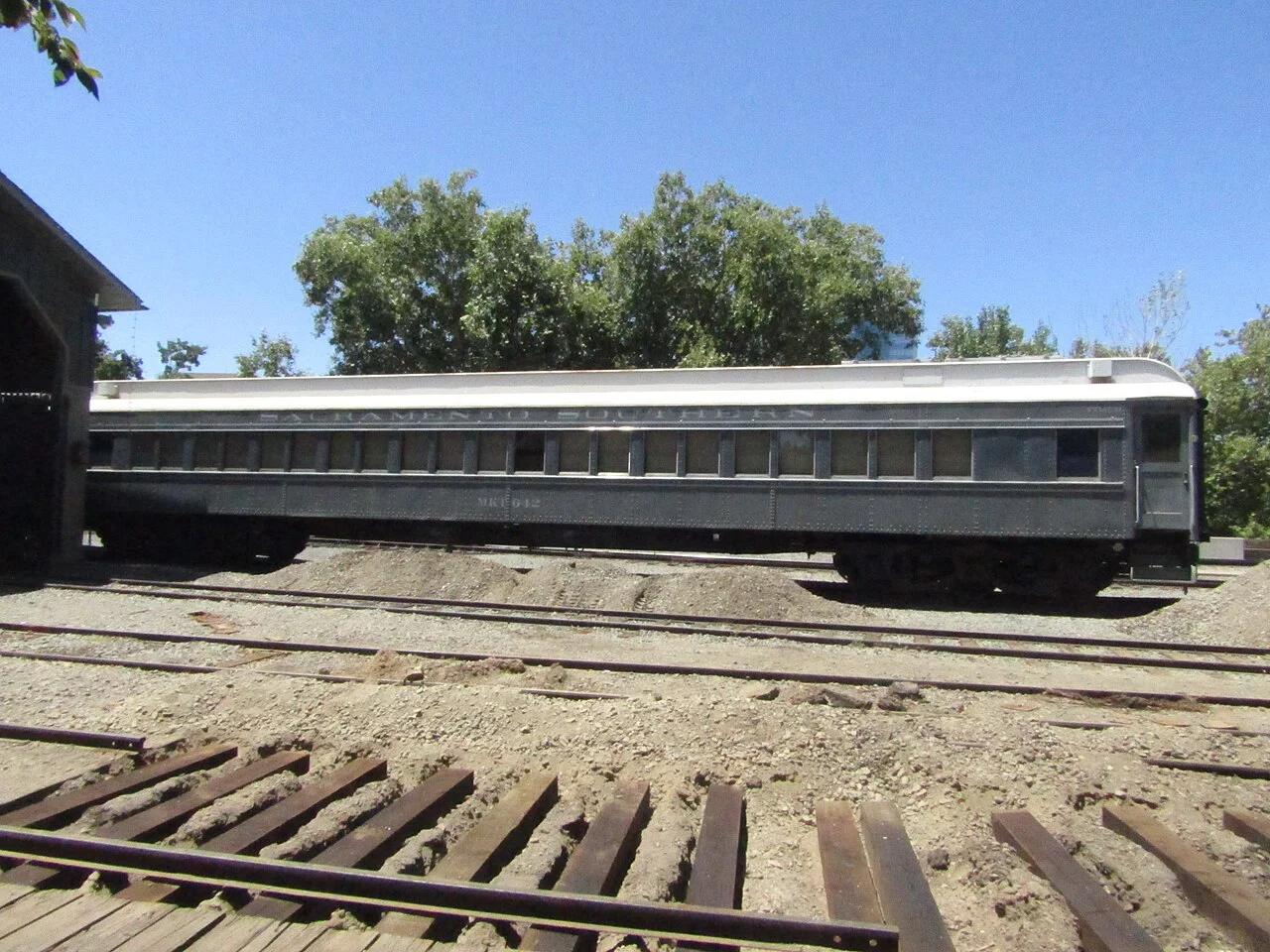Outdoor railway passenger carriage at Old Sacramento Historic District, 2023