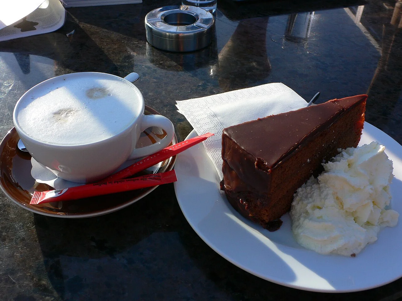 Cake and coffee at Steinterrasse in Salzburg, archival photograph from April 2011