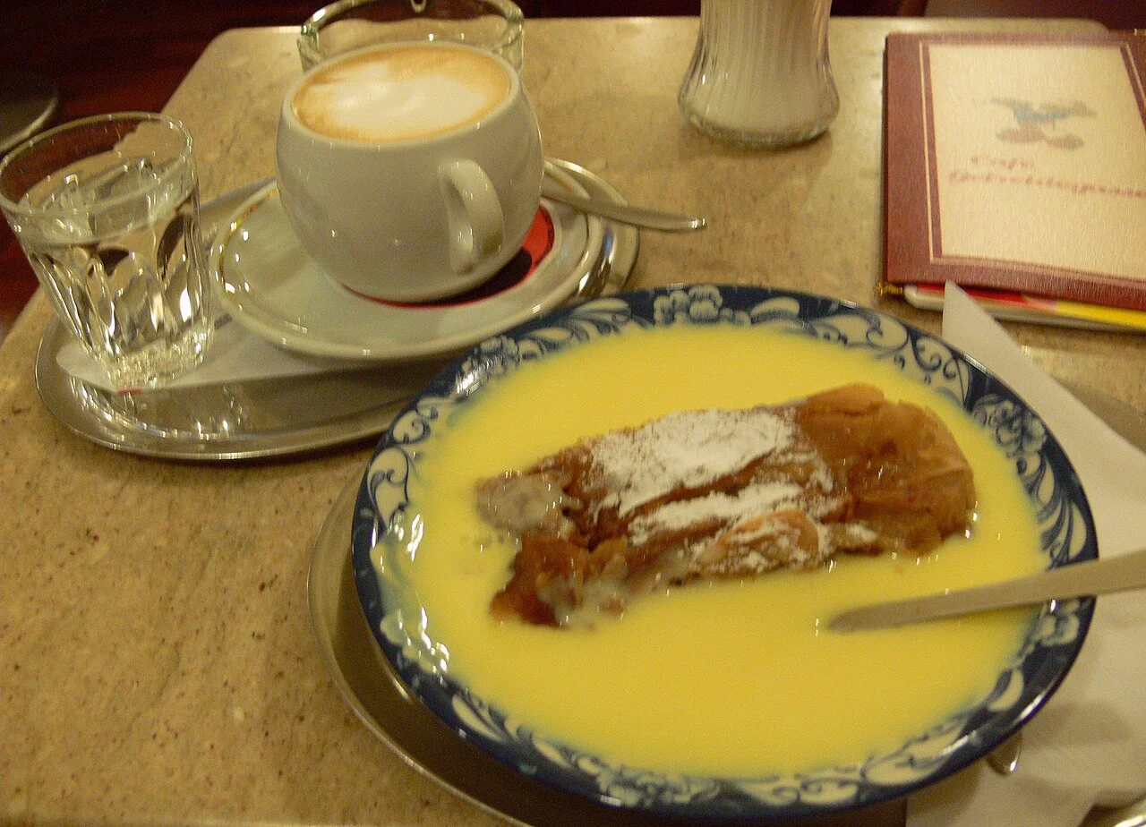 Apple strudel with vanilla sauce at a Salzburg café, archival photograph from May 2008