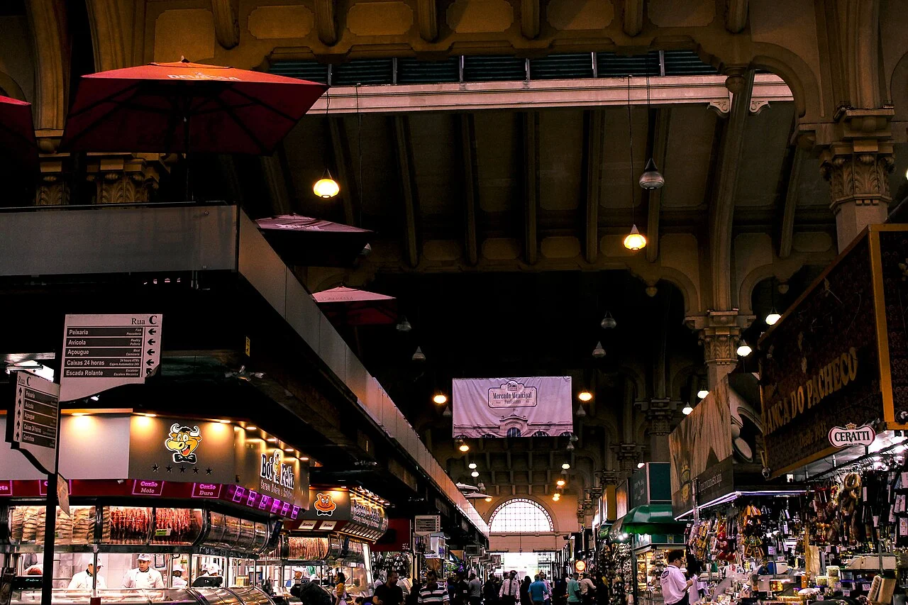 Stalls and aisle inside historic Mercado Municipal, São Paulo, 2018