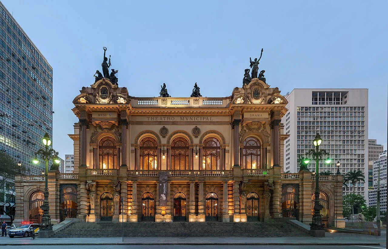 Historic Theatro Municipal facade, São Paulo, 2014; retouched, perspective-adjusted photographic panorama stitched from 11 frames