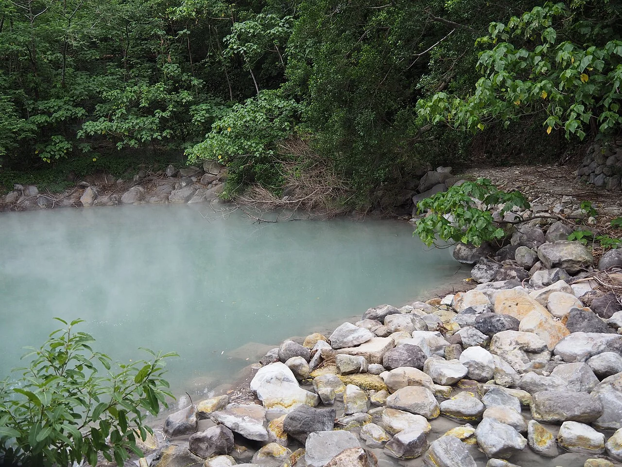Thermal water and steam at Beitou Thermal Valley, Taipei, 19 October 2015; natural valley scene, not a bathing pool.