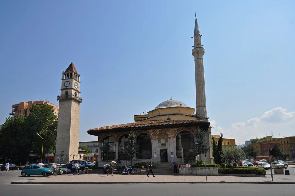 Et’hem Bey Mosque and clock tower, Tirana, 13 October 2009; central-city context, not a New Bazaar stall or restaurant.