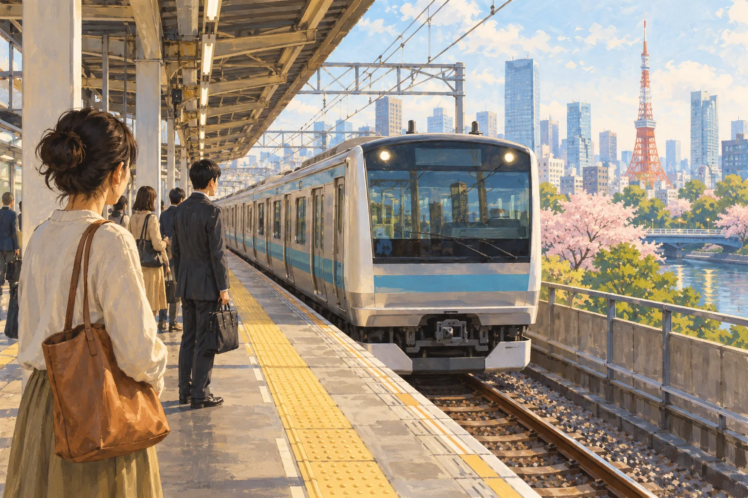 Illustration representing rail travel in Tokyo, with a station platform and train.