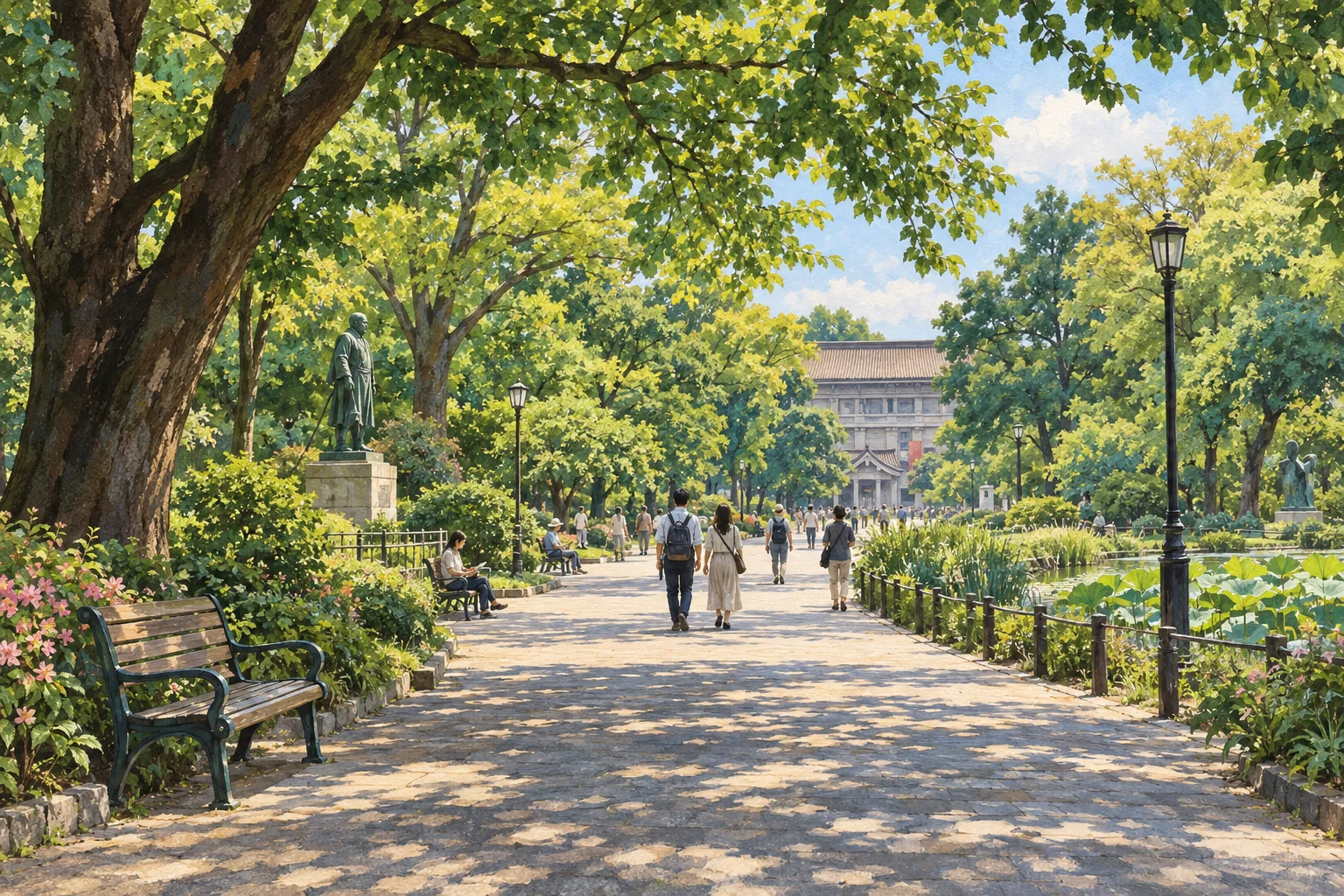 Illustration inspired by Ueno Park's tree-lined paths and peaceful urban greenery.