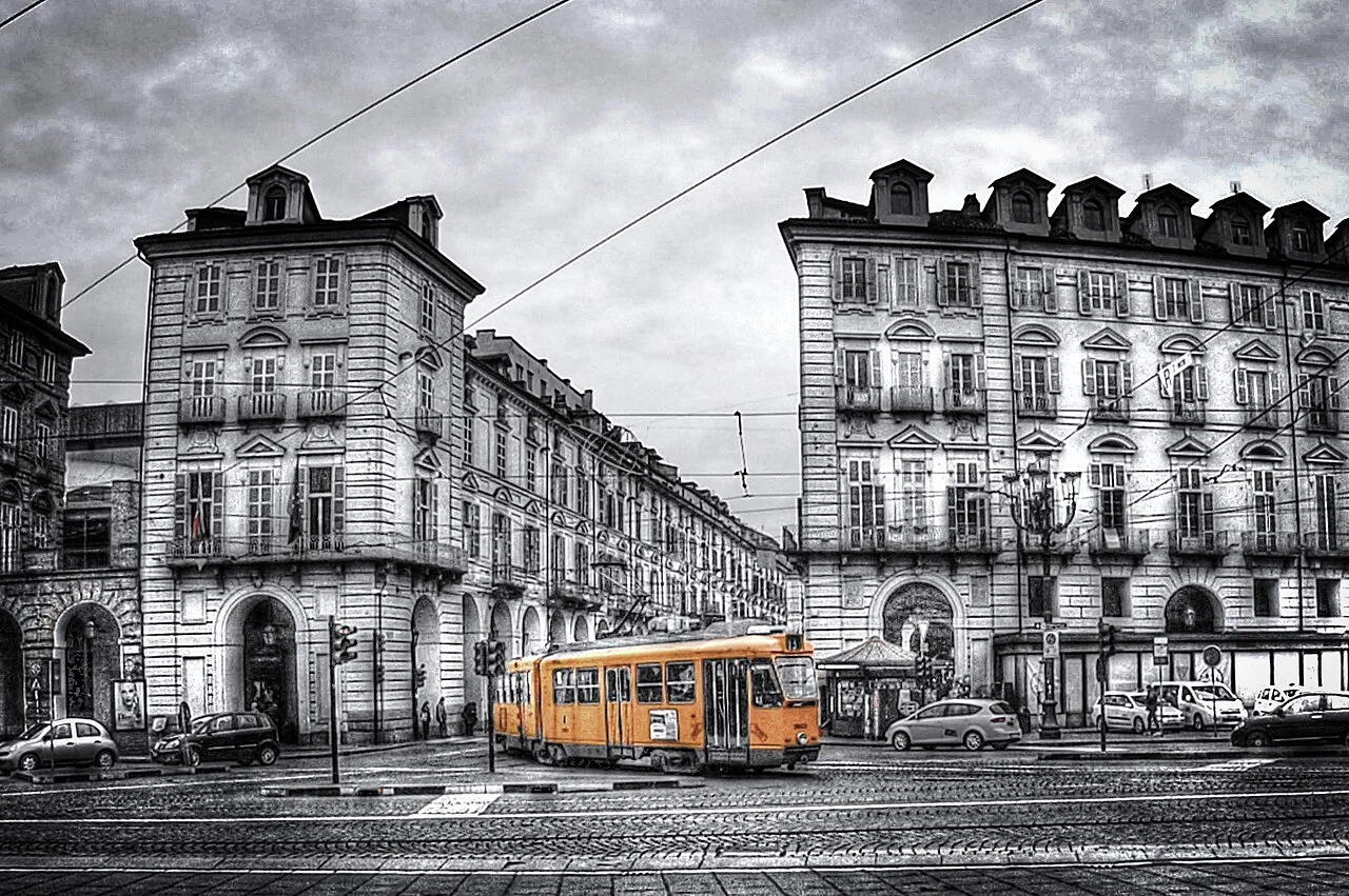 Tram on Via Po in Turin, January 2013; selective colour treatment in the source photograph