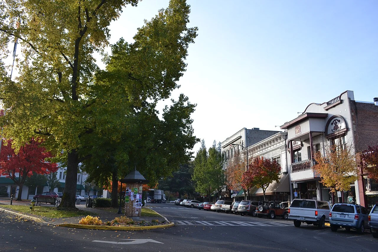 Historic downtown streetscape in Ashland, Oregon, November 2011; not today's businesses or a seasonal guarantee