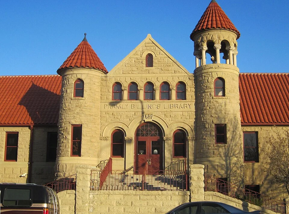 Stone frontage and two towers of Western Heritage Center in the former Parmly Billings Library, 2 May 2013; not a current exhibition