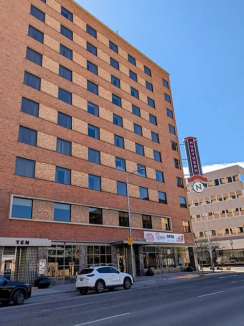 Northern Hotel exterior in downtown Billings, April 2024; not current room availability or a food photograph