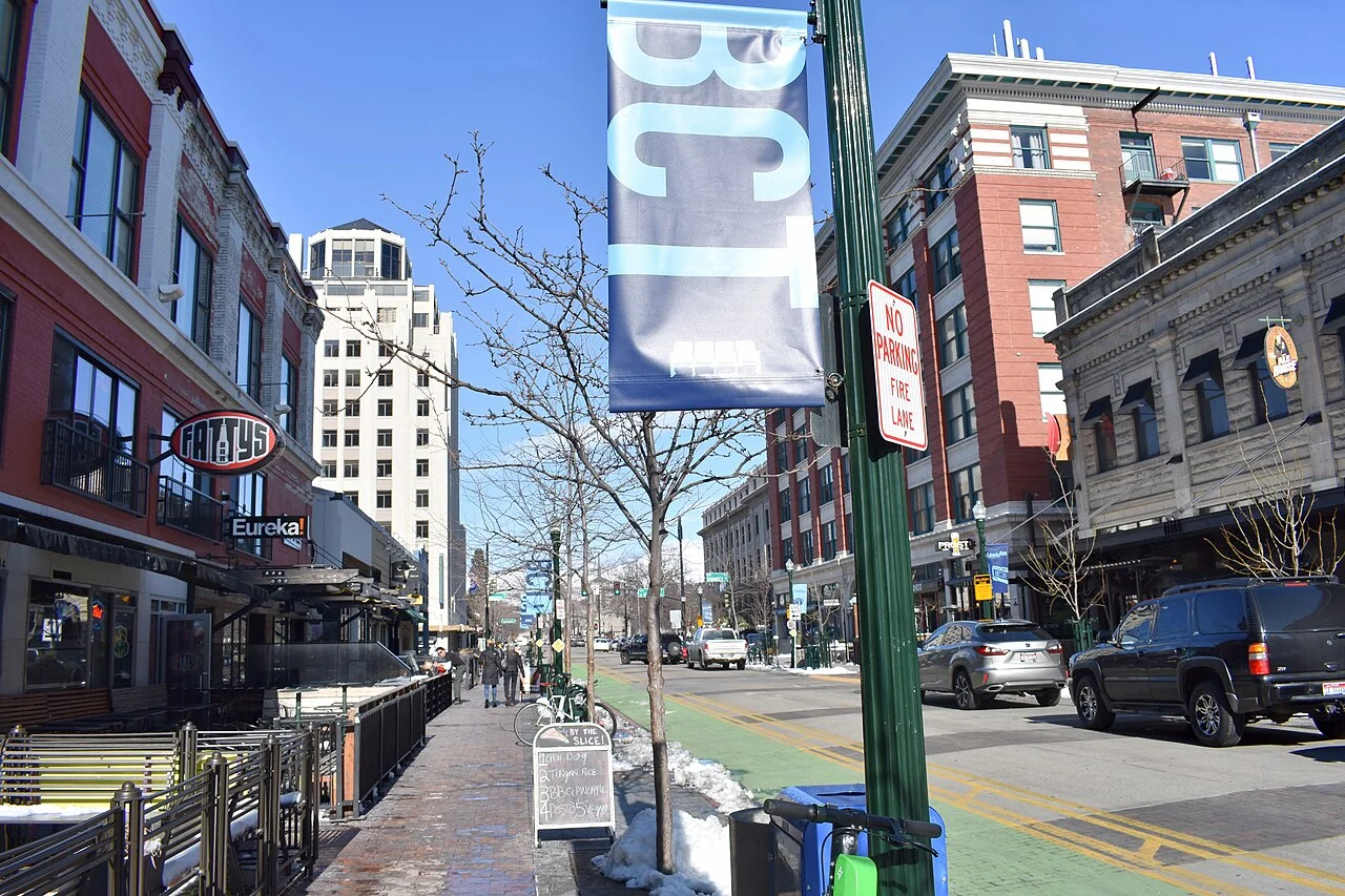 N 8th Street from the 8th and Idaho area in Boise, February 2019; not a current hotel or restaurant recommendation