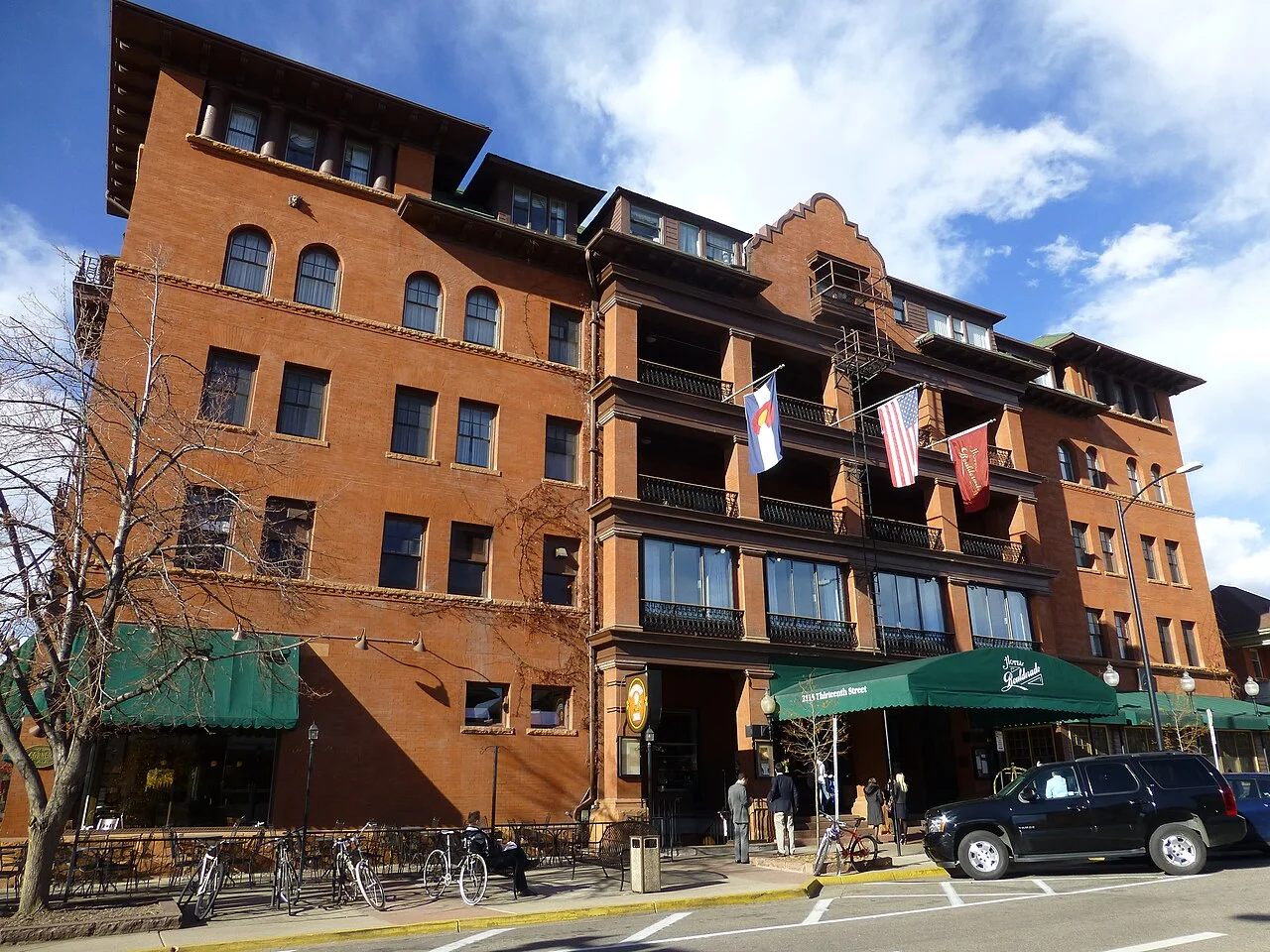 Brick Hotel Boulderado exterior and entrance surroundings at 2115 13th Street, November 2013; not current room availability
