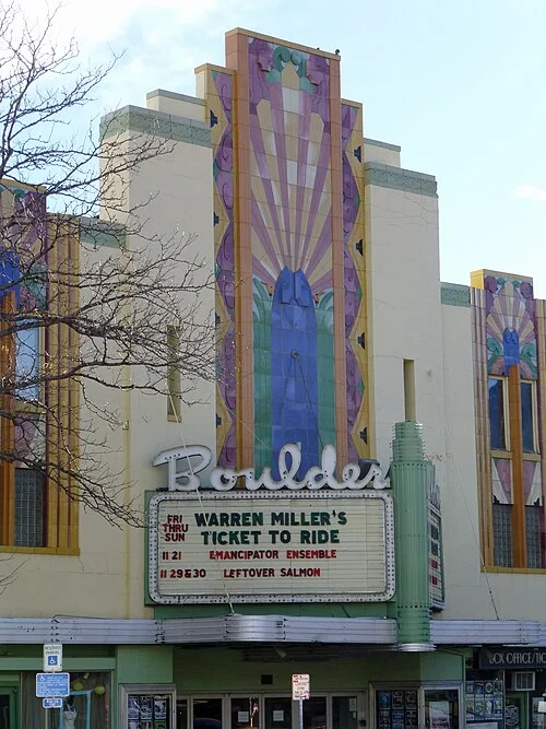 Boulder Theater exterior and old marquee at 2032 14th Street, November 2013; the sign is not today’s programme