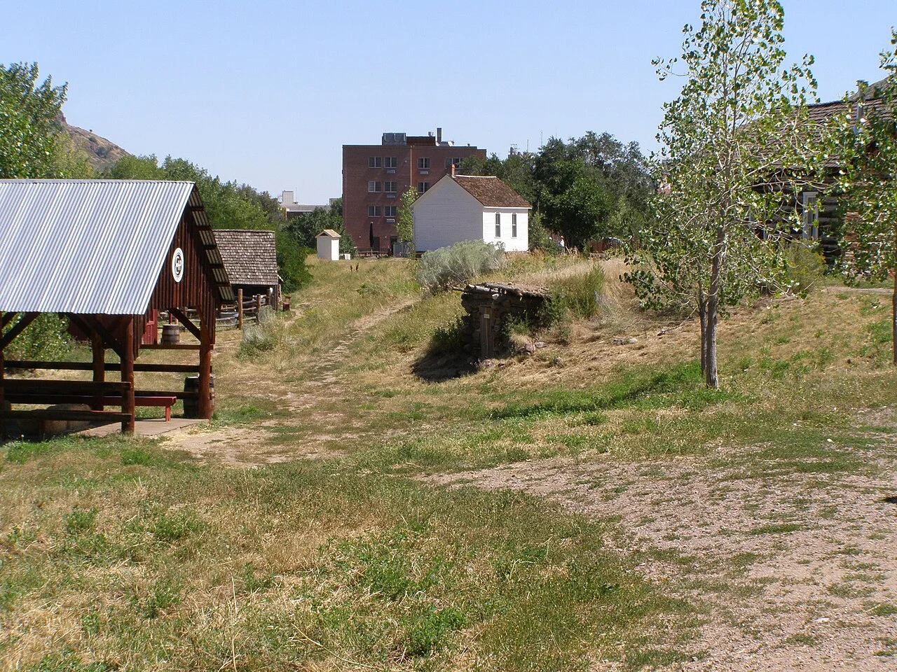 Grass and historic structures in the Golden History Park setting, August 2009; not the current museum entrance