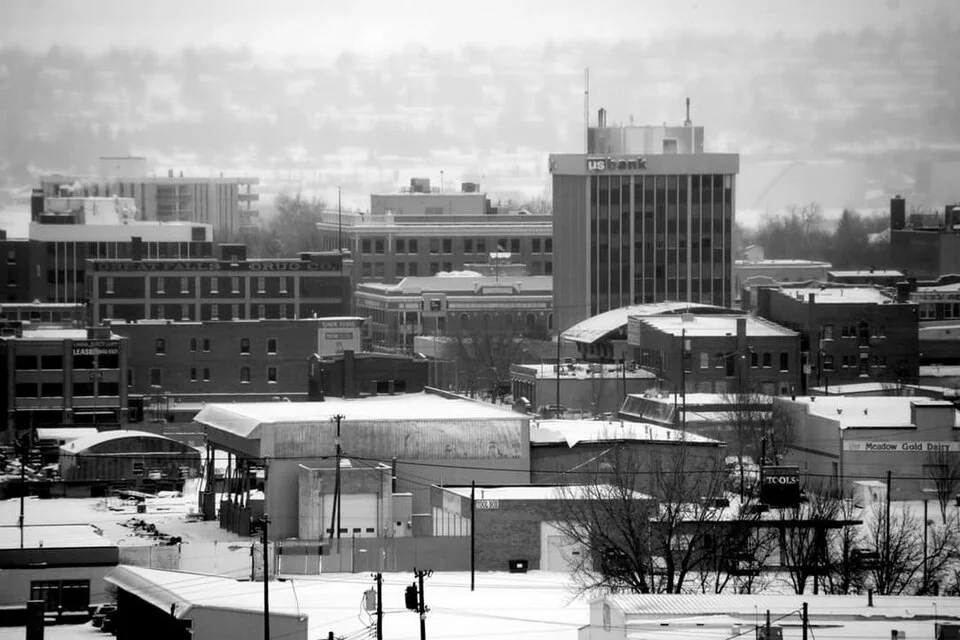 Black and white downtown Great Falls city view, September 2018; not current weather or business conditions