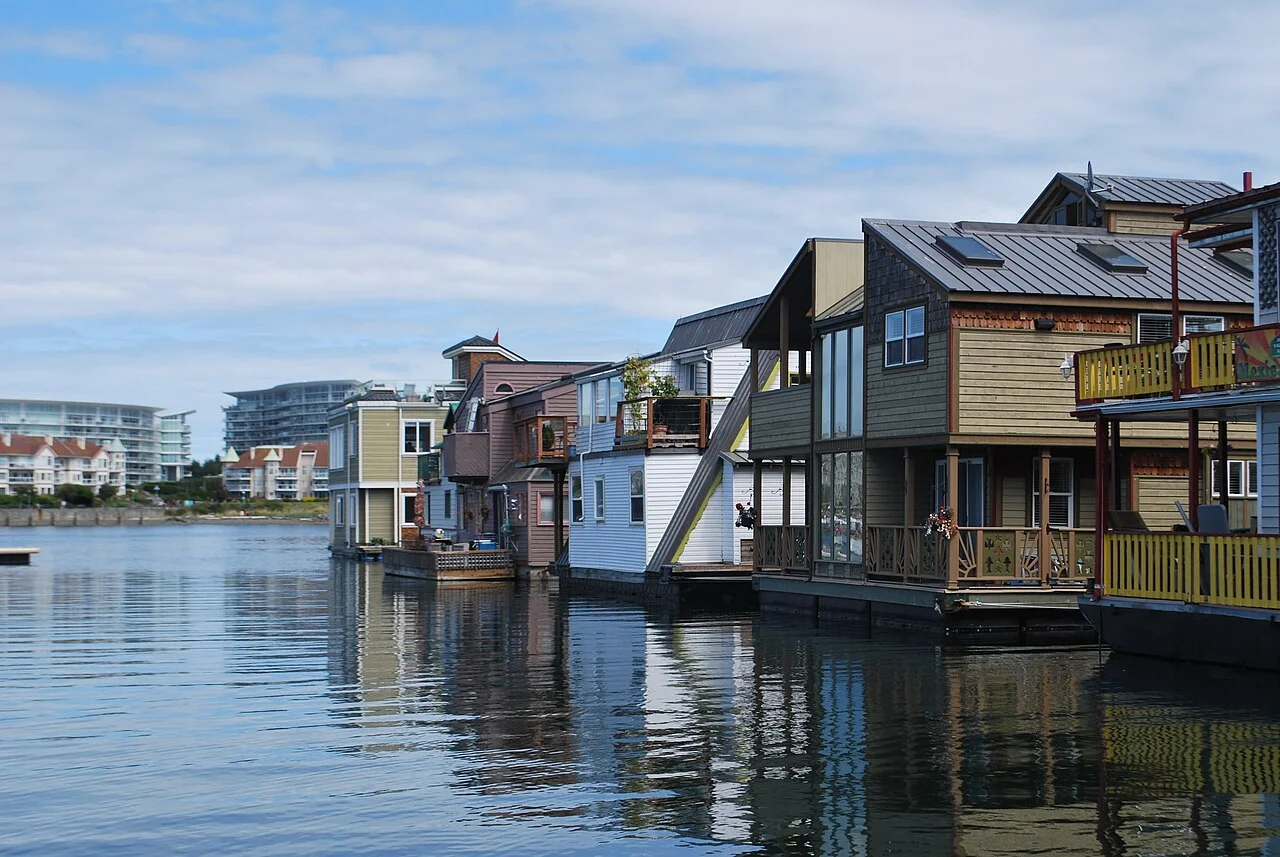 Colourful floating homes and boardwalk at Victoria's Fisherman's Wharf, 2012
