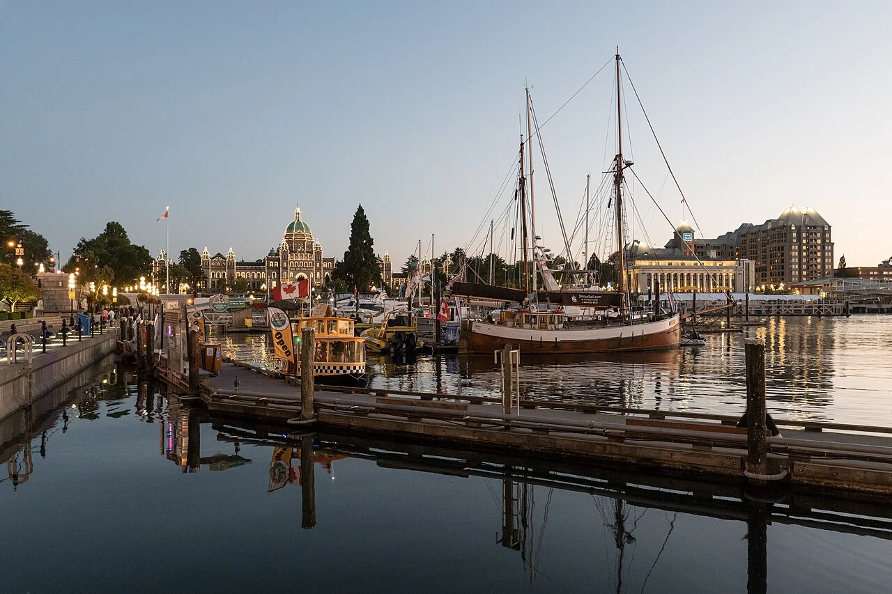 Victoria Inner Harbour and British Columbia Parliament Buildings at dusk, 2024