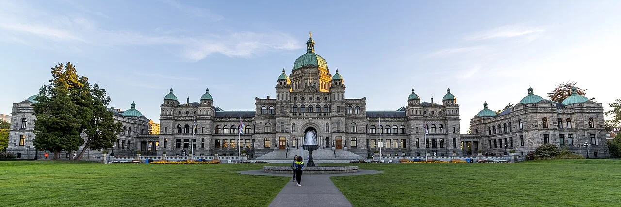 Wide exterior view of the British Columbia Parliament Buildings, 2018