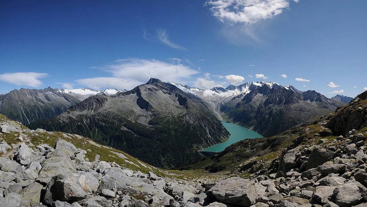 Stitched panorama of Schlegeisspeicher from Berliner Höhenweg in Austria, 2011