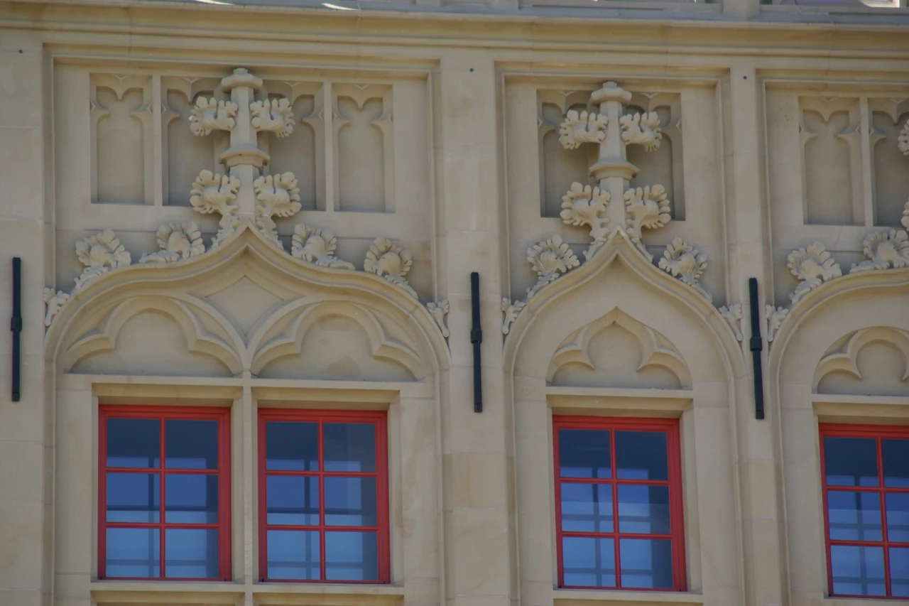Sculpted upper facade details of Wesel town hall, 2013