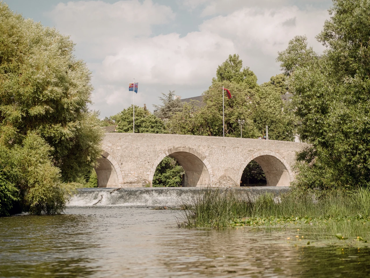 Alte Lahnbrücke üzerindeki bayraklar ve Lahn kıyısındaki ağaçlar.