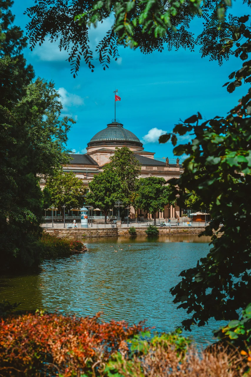 A view of Wiesbaden Kurhaus from the water in Kurpark